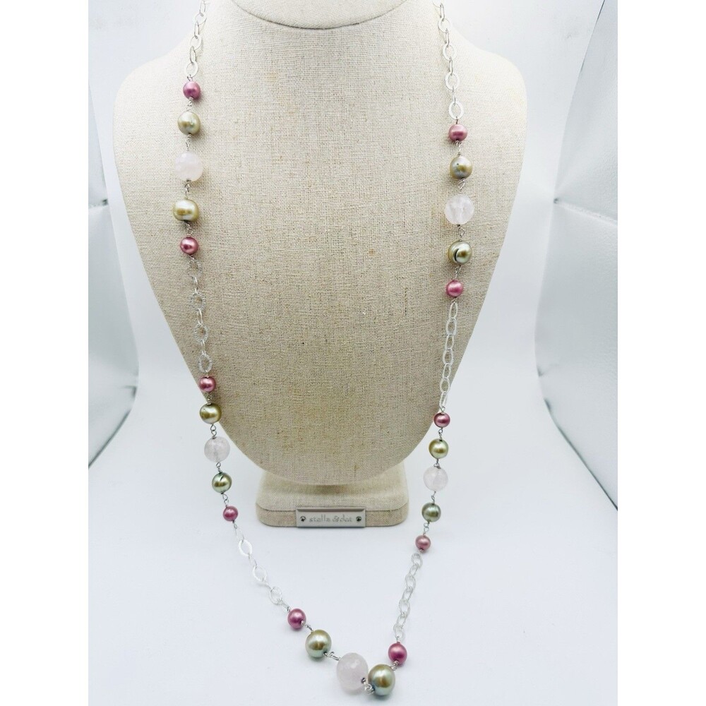 925 Sterling Silver Faceted Rose Quartz Freshwater Pearl Necklace 29”
